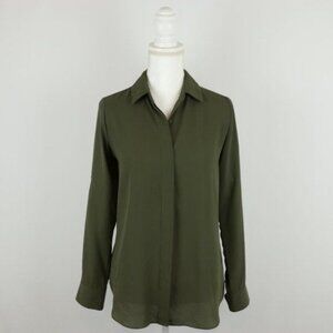 Mossimo Women's Extra Small Green Crepe Roll Tab Long Sleeve Button Up Shirt